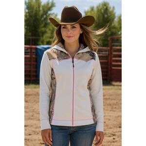 Roper Camo Trim Full Zip Hooded Jacket White Pink Trim Womens XL